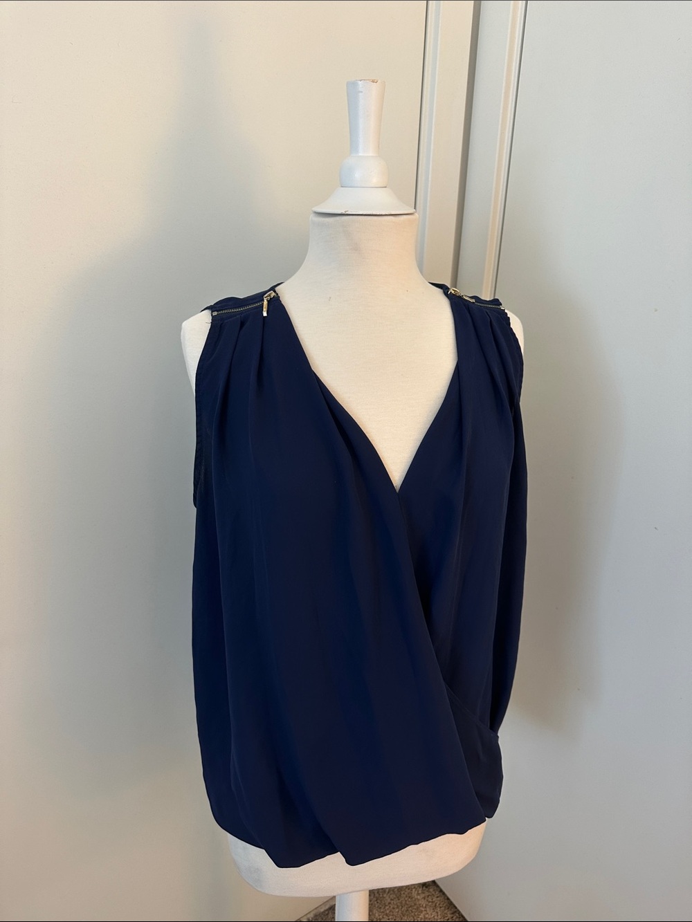 Navy Wrap Tank with Zipper Accents